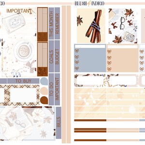 Peut inclure: Un ensemble d'autocollants de planificateur imprimables sur le th&egrave;me de l'automne. Les autocollants pr&eacute;sentent des illustrations de b&acirc;tonnets de cannelle, de caf&eacute;, de lunettes et de feuilles dans des tons de brun, beige et bleu. Les autocollants sont con&ccedil;us pour &ecirc;tre utilis&eacute;s dans un planificateur ou un journal.