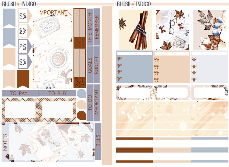 Peut inclure: Un ensemble d'autocollants de planificateur imprimables sur le th&egrave;me de l'automne. Les autocollants pr&eacute;sentent des illustrations de b&acirc;tonnets de cannelle, de caf&eacute;, de lunettes et de feuilles dans des tons de brun, beige et bleu. Les autocollants sont con&ccedil;us pour &ecirc;tre utilis&eacute;s dans un planificateur ou un journal.