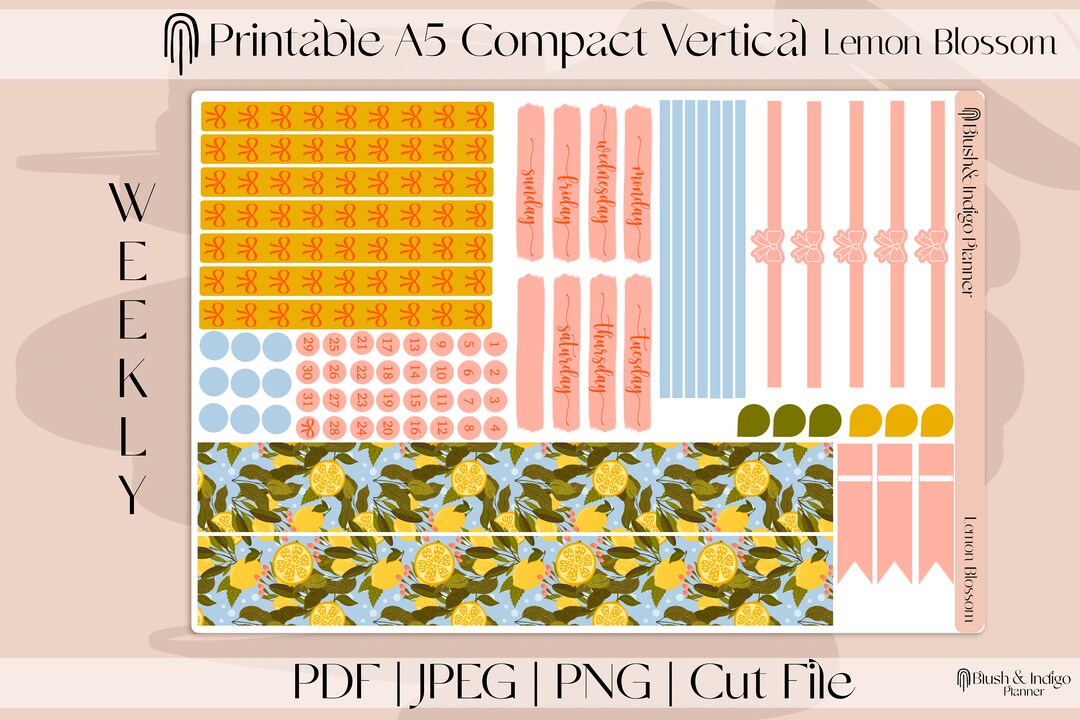 Lemon Blossom | Printable Compact Vertical Weekly Planner Stickers A5 ...