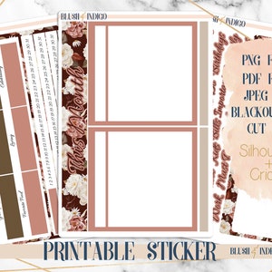 Puede incluir: Hoja de pegatinas de planificador imprimible con un diseño floral en tonos rosa, marrón y blanco. La hoja de pegatinas incluye un calendario, una pancarta de "Este mes" y varias casillas en blanco. El texto "BLUSH & INDIGO Planner" está en la parte inferior de la hoja. El texto "ARCHIVOS PNG, ARCHIVOS PDF, ARCHIVOS JPEG, ARCHIVOS DE BLOQUEO, ARCHIVOS DE CORTE, Silhouette + Cricut" está en el lado derecho de la hoja.