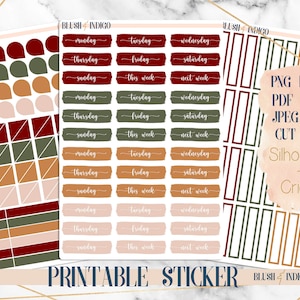 以下が含まれることがあります： ブラッシュ、ブラウン、グリーン、ホワイトの印刷可能なプランナー用ステッカー。ステッカーには、曜日、今週、来週、さまざまな形とパターンが含まれています。画像の下部には「BLUSH & INDIGO Planner」というテキストがあります。