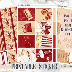 Pegatinas del planificador imprimibles de la noche de cine, kit de pegatinas semanales imprimibles, se adapta a Erin Condren y Recuerdo, pegatinas del planificador, archivos cortados