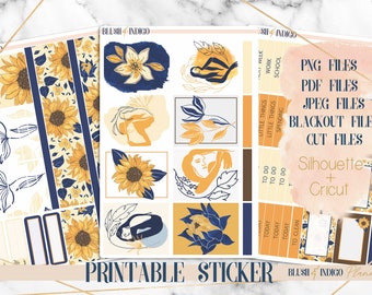 Sunflower Printable Planner Stickers, Printable Weekly Stickers Kit, fits Erin Condren and Recollection,  Planner Stickers, Cut Files
