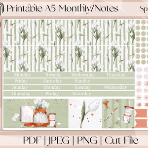 SPRING GREEN | Printable A5 Monthly and Dashboard Planner Stickers | Erin Condren | Bullet Journal