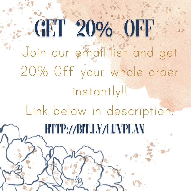 Peut inclure: Un arri&egrave;re-plan aquarelle avec des paillettes dor&eacute;es et un texte blanc superpos&eacute; qui dit "GET 20% OFF Join our email list and get 20% Off your whole order instantly!! Link below in description. HTTP://BIT.LY/LUVPLAN"