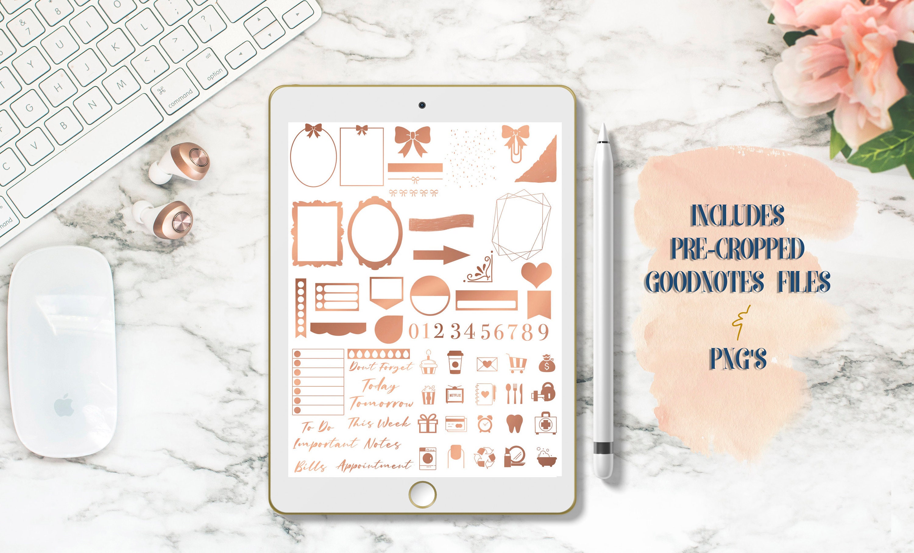 Rose Gold Functional and Deco Digital Sticker Kit | Goodnotes & iPad ...
