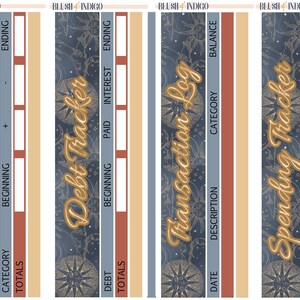 May include: Four printable planner pages with a celestial theme. The pages are designed for tracking sinking funds, debt, transactions, and spending. Each page has a gold and white design with a blue background.