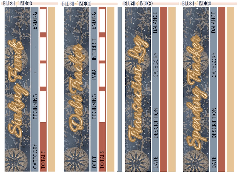 May include: Four printable planner pages with a celestial theme. The pages are designed for tracking sinking funds, debt, transactions, and spending. Each page has a gold and white design with a blue background.