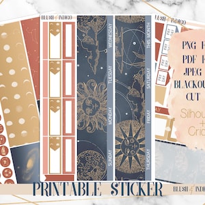 Naklejki Celestial Printable Planner, Zestaw miesięcznych naklejek do wydrukowania, pasują do Erin Condren, Recollection, pliki do cięcia dla Cricut i Silhouette