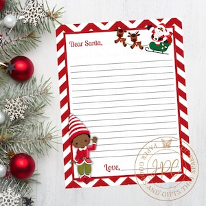 Carta a Santa imprimible, Lista de deseos de Navidad de elfos, Carta de querido Santa, Papelería para niños afroamericanos, Descarga instantánea