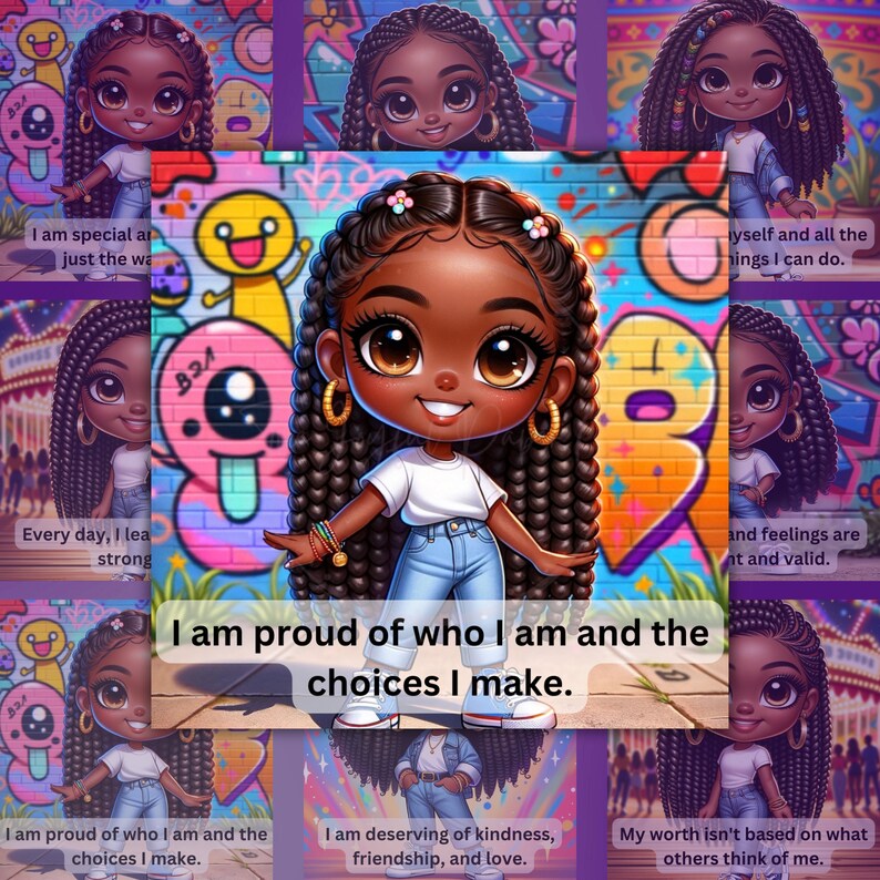 Peut inclure: Une illustration num&eacute;rique d'une jeune fille noire avec de longues tresses, portant un t-shirt blanc et un jean bleu. Elle se tient devant un mur de graffitis color&eacute;s. Le texte "Je suis fi&egrave;re de qui je suis et des choix que je fais." est &eacute;crit dans un cadre blanc devant elle.