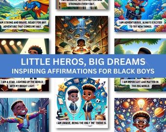 Cartes de vœux inspirantes Little Heroes,Big Dreams pour garçon noir | Affirmations de garçons afro-américains | Invites du journal| Téléchargement numérique