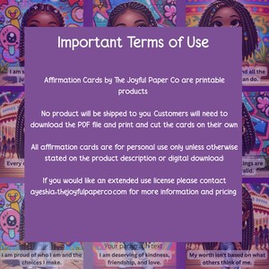 Peut inclure: Fond violet avec du texte qui dit "Conditions d'utilisation importantes". Le texte indique que les cartes d'affirmation sont imprimables et &agrave; usage personnel uniquement. Le texte comprend &eacute;galement une adresse de site Web pour les licences d'utilisation &eacute;tendue. L'image pr&eacute;sente trois illustrations de filles noires avec des arri&egrave;re-plans color&eacute;s.
