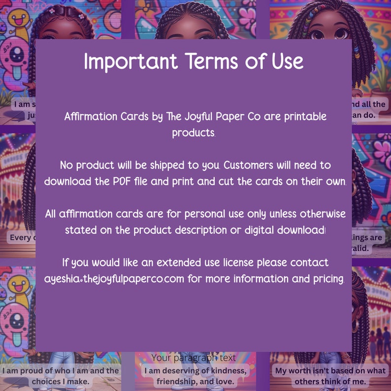 Peut inclure: Fond violet avec du texte qui dit "Conditions d'utilisation importantes". Le texte indique que les cartes d'affirmation sont imprimables et &agrave; usage personnel uniquement. Le texte comprend &eacute;galement une adresse de site Web pour les licences d'utilisation &eacute;tendue. L'image pr&eacute;sente trois illustrations de filles noires avec des arri&egrave;re-plans color&eacute;s.