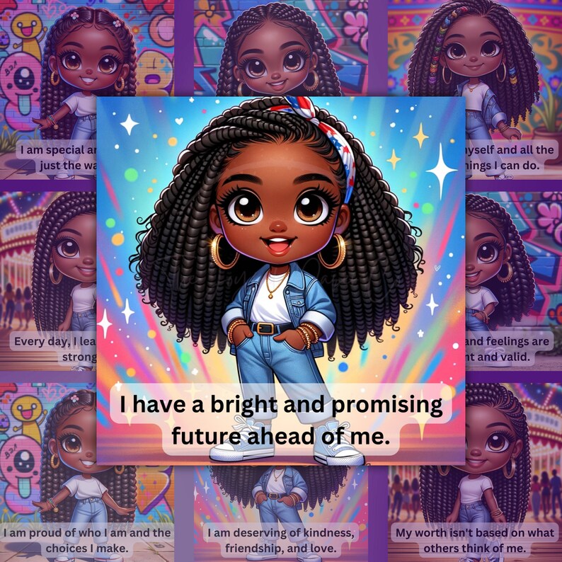 Peut inclure: Une illustration num&eacute;rique d'une jeune fille noire aux longues tresses, portant une veste en jean, un jean et un bandeau. L'arri&egrave;re-plan est un design abstrait color&eacute; avec le texte "J'ai un avenir brillant et prometteur devant moi."