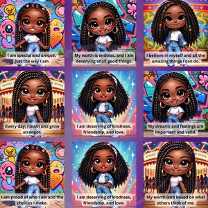 Peut inclure: Une illustration num&eacute;rique d'une jeune fille noire aux longues tresses, portant une chemise blanche et un jean bleu. L'image est divis&eacute;e en neuf carr&eacute;s, chacun avec une affirmation positive diff&eacute;rente. Les affirmations incluent "Je suis sp&eacute;ciale et unique, telle que je suis." et "Ma valeur est infinie, et je m&eacute;rite toutes les bonnes choses."