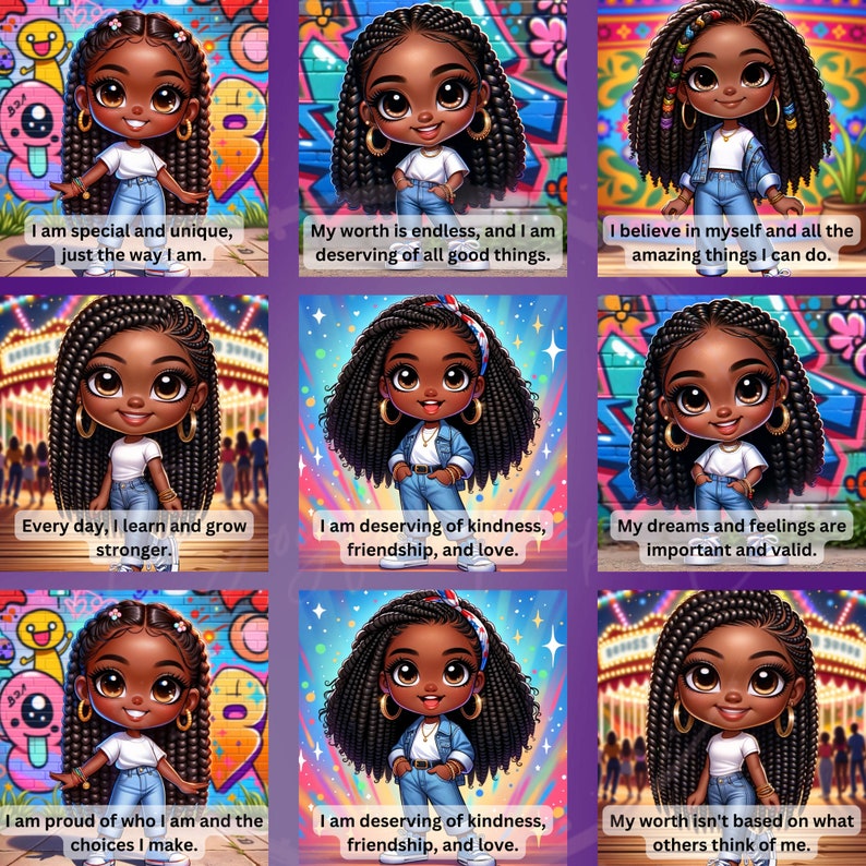 Peut inclure: Une illustration num&eacute;rique d'une jeune fille noire aux longues tresses, portant une chemise blanche et un jean bleu. L'image est divis&eacute;e en neuf carr&eacute;s, chacun avec une affirmation positive diff&eacute;rente. Les affirmations incluent "Je suis sp&eacute;ciale et unique, telle que je suis." et "Ma valeur est infinie, et je m&eacute;rite toutes les bonnes choses."