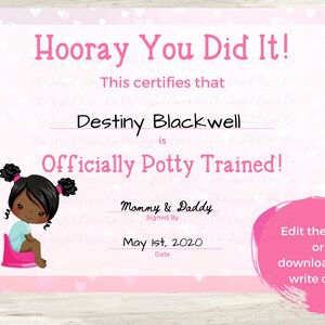 Editable Potty Training Certificate, Diploma, Keepsake, African American Girl image 4