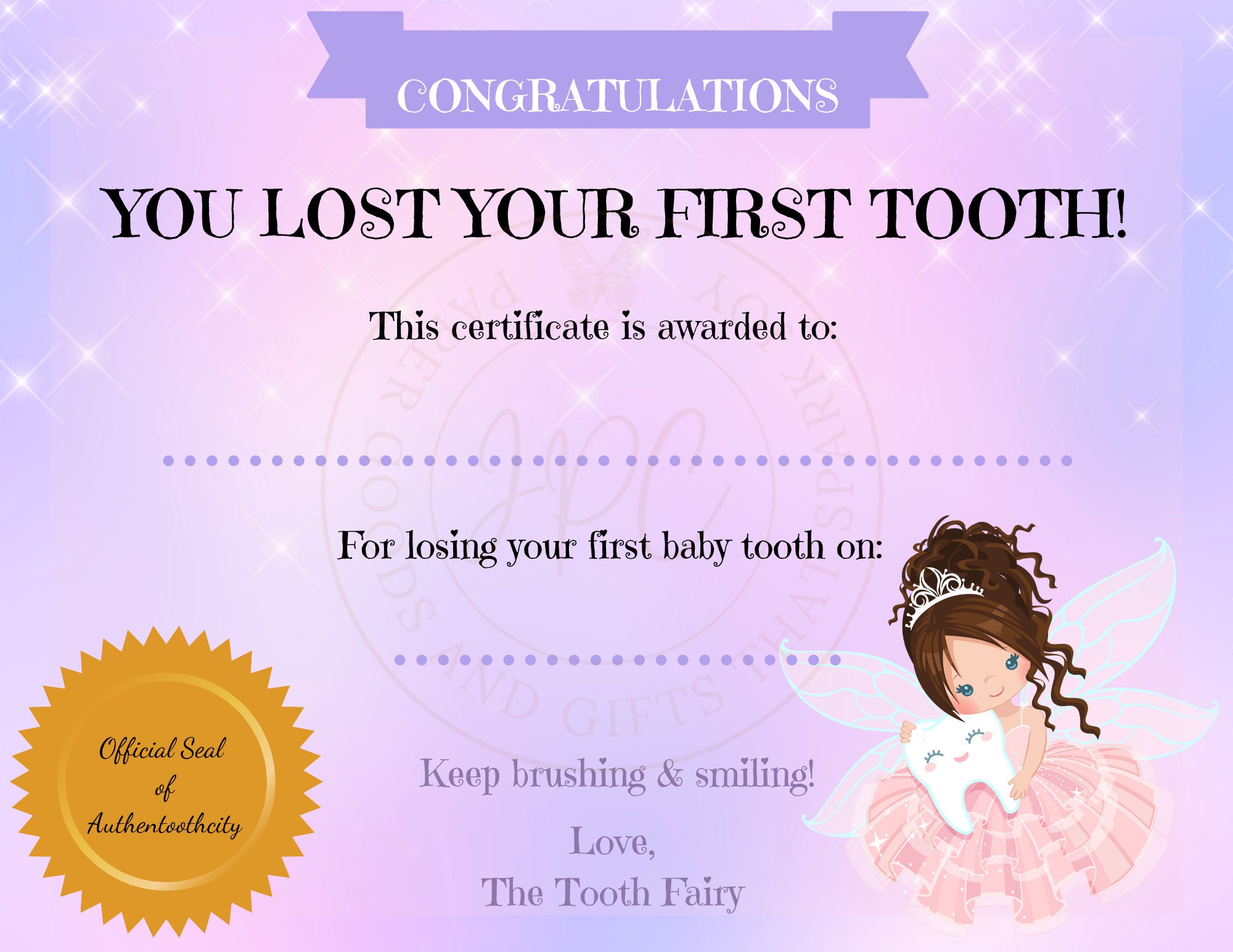Editable Tooth Fairy Certificate, Tooth Fairy, First Tooth, Tooth Keepsake, Brunette - Etsy for Free Printable First Tooth Fairy Certificate