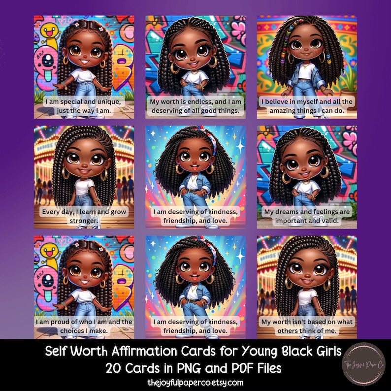 Peut inclure: Vingt cartes d'affirmation illustrant une jeune fille noire de dessin anim&eacute; avec des tresses. Chaque carte porte une affirmation positive. Les cartes sont con&ccedil;ues pour aider les jeunes filles noires &agrave; d&eacute;velopper leur estime de soi et leur confiance en elles.
