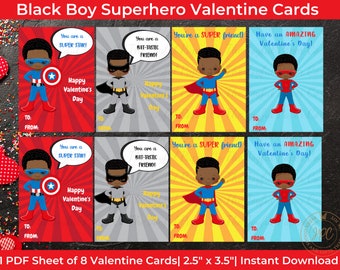 Black Boy Superhero Valentine's Day Cards, Superhero Valentines, Party Favor Tags, School Valentines