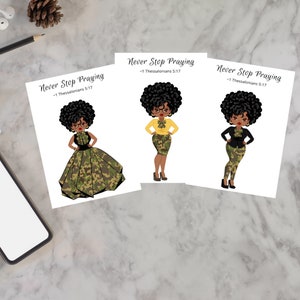 May include: Three digital stickers featuring a cartoon woman with glasses and an afro wearing different camouflage outfits. The text "Never Stop Praying - 1 Thessalonians 5:17" is on each sticker.