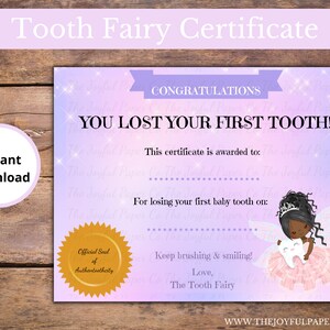 Editable African American Tooth Fairy Certificate, Tooth Fairy, First Tooth, Tooth Keepsake