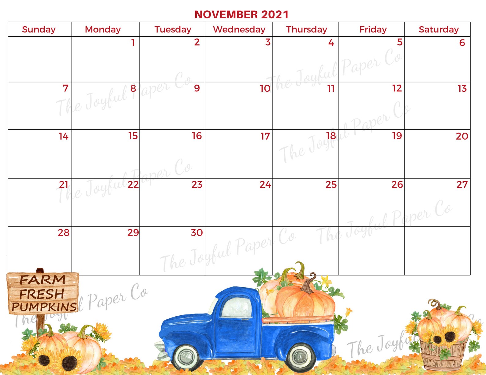 Calendar Printable November 2021 Pumpkin Thanksgiving Etsy Canada