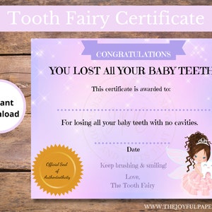 Editable Lost all Baby Teeth Without Cavities Certificate, Tooth Fairy Certificate, Tooth Fairy, Tooth Keepsake, Brunette Tooth Fairy,