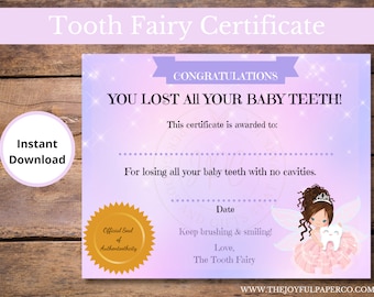 Editable Lost all Baby Teeth Without Cavities Certificate, Tooth Fairy Certificate, Tooth Fairy, Tooth Keepsake, Brunette Tooth Fairy,