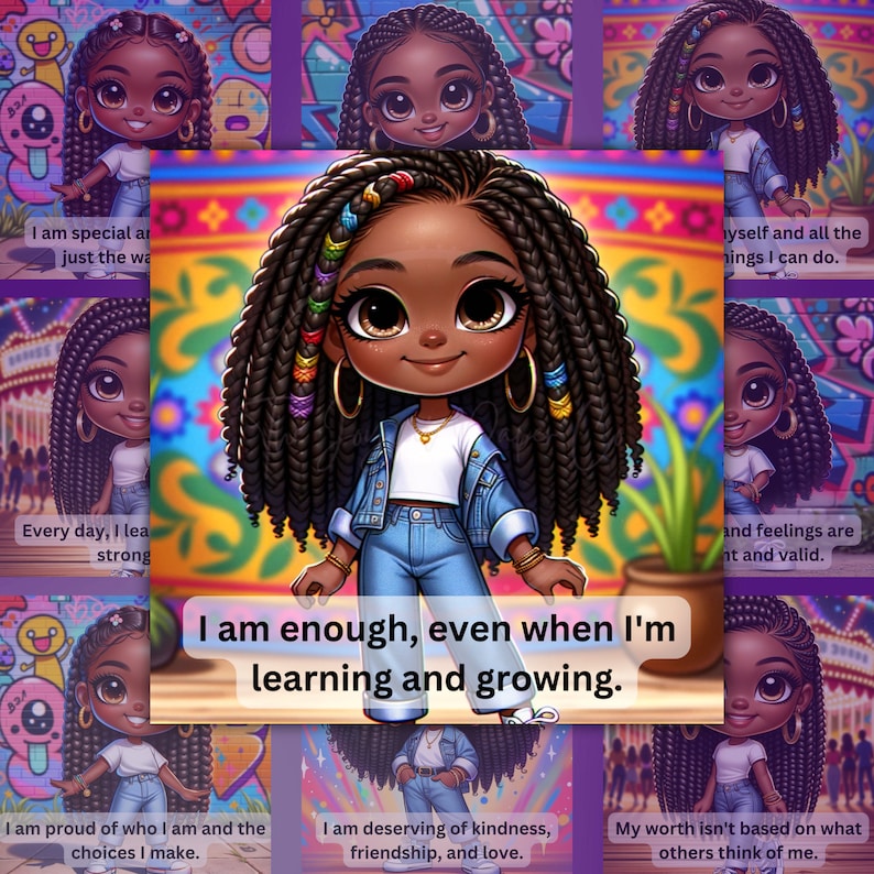 Peut inclure: Illustration num&eacute;rique d'une jeune fille noire aux longues tresses et une veste en jean. La fille sourit et est entour&eacute;e de graffitis color&eacute;s. Le texte "Je suis assez, m&ecirc;me quand j'apprends et que je grandis." est &eacute;crit en lettres blanches sur fond noir.