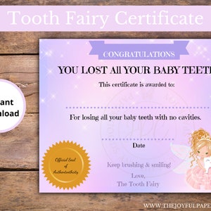 Certificado de perda de todos os dentes de leite sem cáries, Certificado da Fada do Dente, Fada do Dente, Lembrança do Dente, Fada do Dente Loira, PDF editável