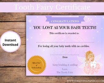 Lost all Baby Teeth Without Cavities Certificate, Tooth Fairy Certificate, Tooth Fairy, Tooth Keepsake, Blonde Tooth Fairy, Editable PDF