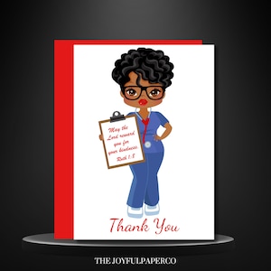 May include: A greeting card featuring a cartoon nurse in blue scrubs, glasses, and a stethoscope. The nurse holds a clipboard with text from Ruth 1:8. The card has a red border and the words "Thank You" at the bottom. The Joyful Paper Co. is at the bottom.