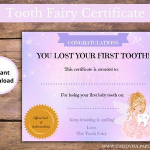 EditableTooth Fairy Certificate, Tooth Fairy, First Tooth, Tooth Keepsake, Blonde