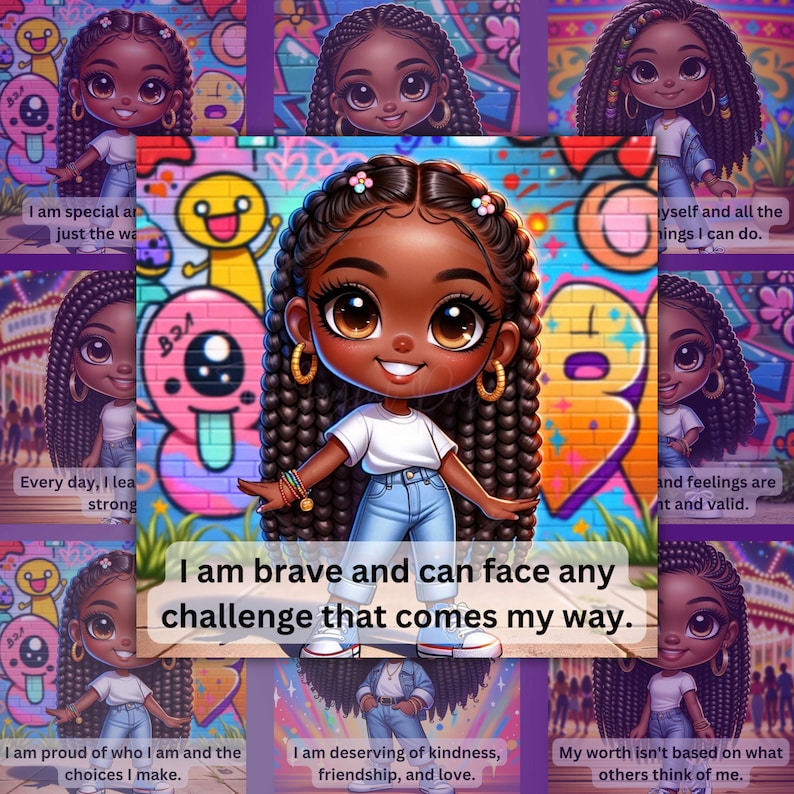Peut inclure: Illustration num&eacute;rique d'une jeune fille noire aux longues tresses, portant un t-shirt blanc et un jean bleu. La fille est debout devant un mur de graffitis color&eacute;s avec le texte "Je suis courageuse et je peux affronter n'importe quel d&eacute;fi qui se pr&eacute;sente &agrave; moi."