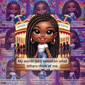 Peut inclure: Illustration num&eacute;rique d'une jeune fille noire aux longues tresses, portant un t-shirt blanc, un jean bleu et des bijoux en or. L'image est entour&eacute;e de graffitis color&eacute;s et du texte "Ma valeur ne d&eacute;pend pas de ce que les autres pensent de moi."