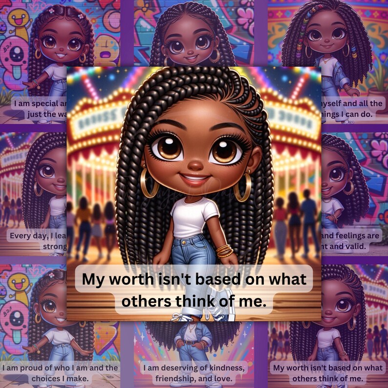 Peut inclure: Illustration num&eacute;rique d'une jeune fille noire aux longues tresses, portant un t-shirt blanc, un jean bleu et des bijoux en or. L'image est entour&eacute;e de graffitis color&eacute;s et du texte "Ma valeur ne d&eacute;pend pas de ce que les autres pensent de moi."