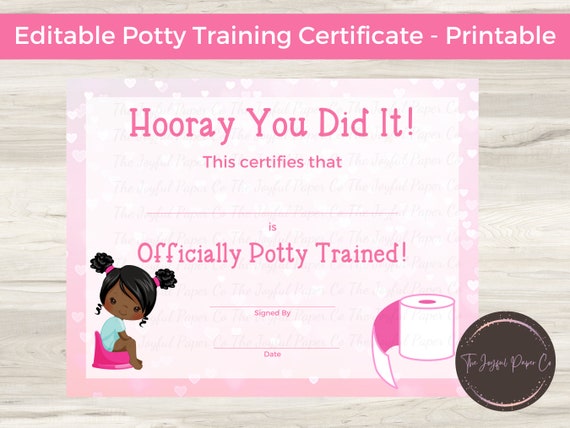 Editable Potty Training Certificate, Diploma, Keepsake, African American Girl