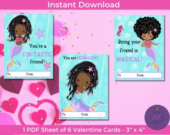 Black Mermaid Valentine's Day Cards, Black Girl Valentines, Mermaid Valentines, Party Favor Tags, School Valentines