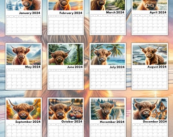 2024 Highland Cow Printable Wall Calendar, Monthly Calendar, Art Calendar