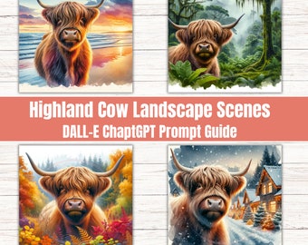 Highland Cow Landscape Scenes ChatGPT & DALL-E Ai Art Prompt Guide | 12 Sample Prompts | Customizable Prompts