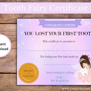 Editable Tooth Fairy Certificate, Tooth Fairy, First Tooth, Tooth Keepsake, Brunette