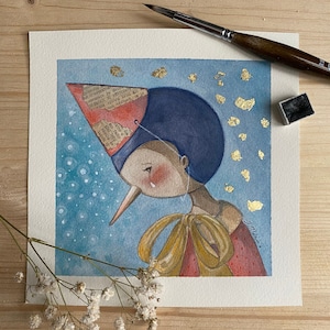 Acquerello originale di Pinocchio, Dipinto colorato fatto a mano, Pittura originale Pinocchio, Acquerello favole bambini