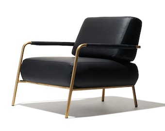 Vintage Buffalo Leather Lounge Chair with Gold Frame: Mid-Century Modern Furniture for Living Room