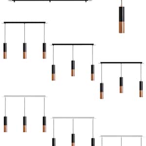 May include: A set of black and copper pendant lights with adjustable cords. The lights are shown hanging from a black track system. The track system can be mounted to the ceiling.