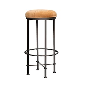 May include: A tall bar stool with a round, tan upholstered seat. The frame is dark brown metal with four vertical legs and a circular footrest. The stool is designed for a bar or counter.