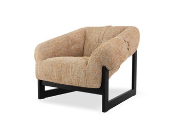 Vintage-Inspired Buffalo Leather & Fabric Lounge Chair: Mid-Century Modern Club Seating for Living Room