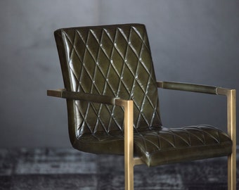 Moderne leren eetkamerstoelen uit het midden van de eeuw: set van 2, messing frame