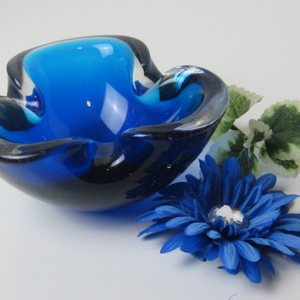 Vintage Murano Blue Glass Ashtray, Hand Blown Three Lobes, Deep Blue